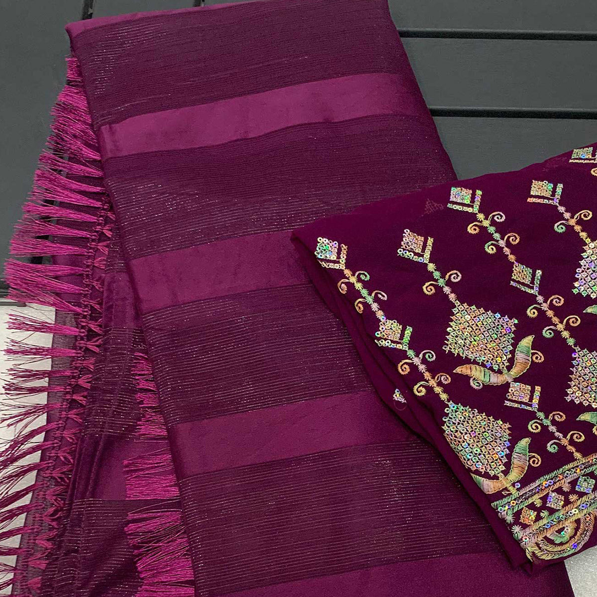 Wine Striped Woven Chiffon Silk Saree With Tassels