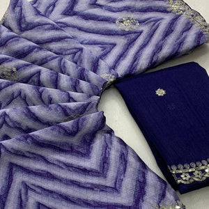 Blue Leheriya Printed With Sequins Embroidered Chinon Saree