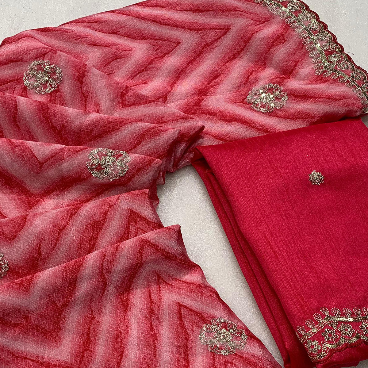 Gajari Pink Leheriya Printed With Sequins Embroidered Chinon Saree