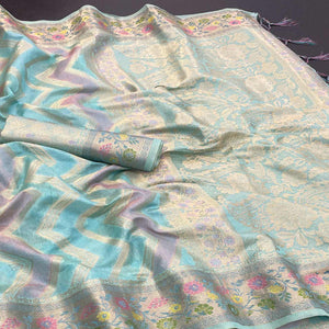 Blue Woven Organza Saree With Tassels