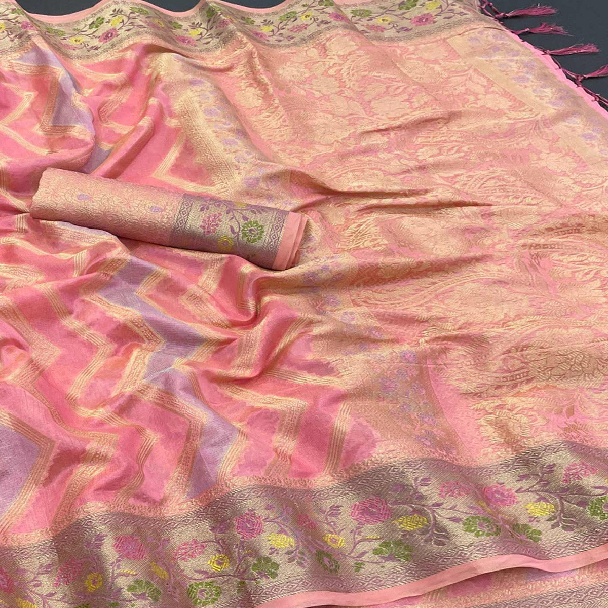 Pink Woven Organza Saree With Tassels