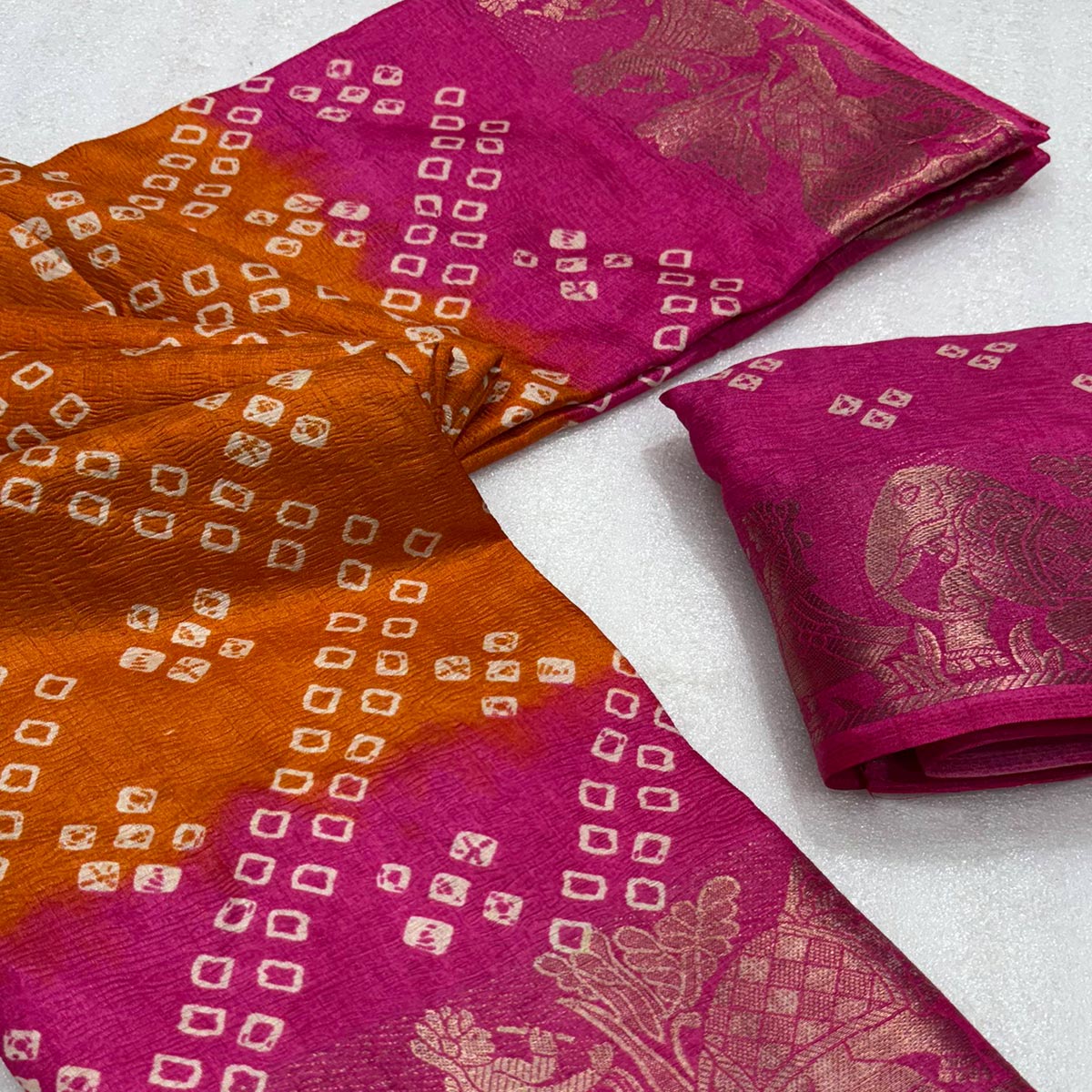 Classic Orange & Pink Bandhani Printed Dola Silk Saree With Weaving Jacquard Border