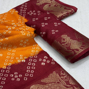 Classic Bright Orange & Maroon Bandhani Printed Dola Silk Saree With Weaving Jacquard Border