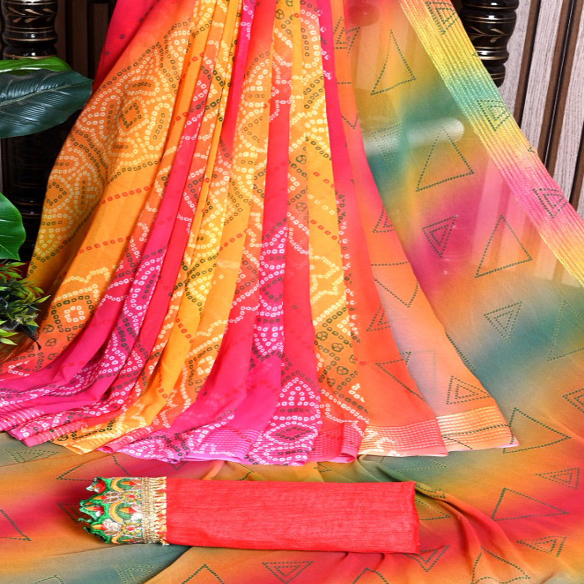 Yellow & Pink Bandhani Printed Georgette Saree With Zari Border