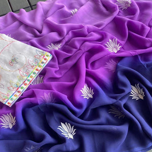 Purple & Blue Floral Embroidered Georgette Saree With Tassels