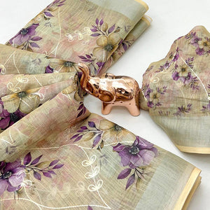 Beautiful Light Beige Floral Printed Saree in Lightweight Soft Linen Fabric