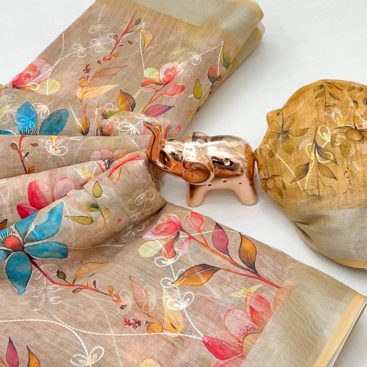 Beautiful Beige Floral Printed Saree in Lightweight Soft Linen Fabric