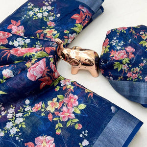 Beautiful Dark Blue Floral Printed Saree in Lightweight Soft Linen Fabric