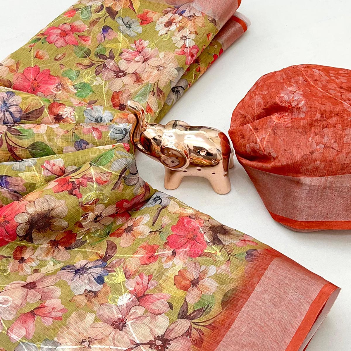 Beautiful Green Floral Printed Saree in Lightweight Soft Linen Fabric