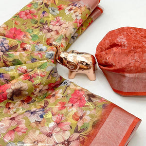 Beautiful Green Floral Printed Saree in Lightweight Soft Linen Fabric