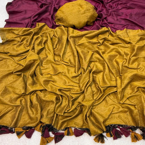 Charming Wine & Mustard Solid Handwoven Pure Mul Cotton Saree With Tassel Pallu