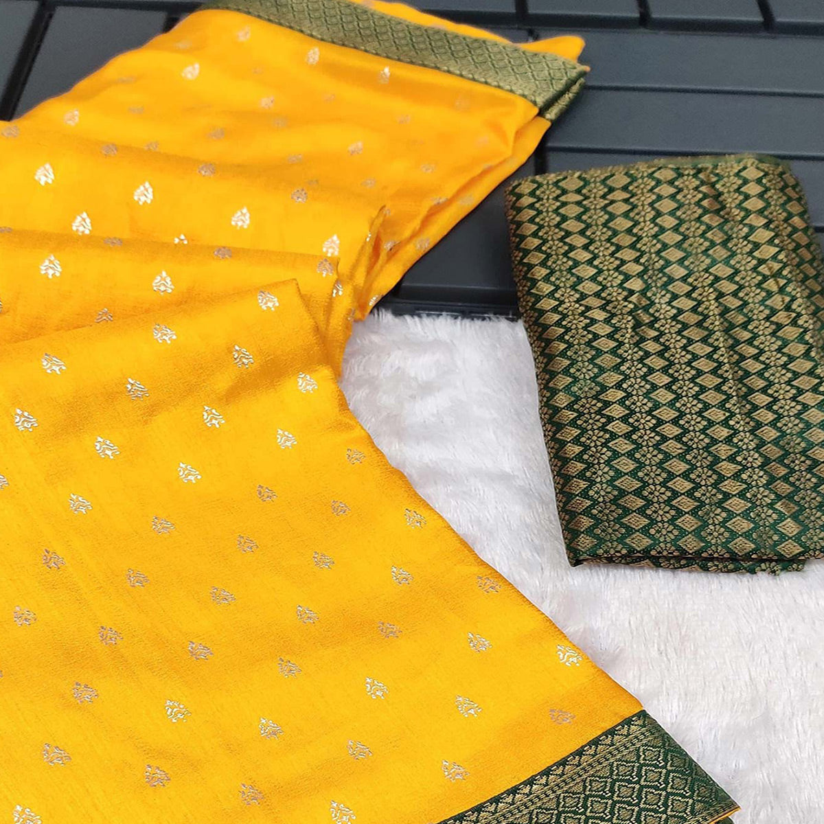 Yellow Foil Printed Vichitra Silk Saree