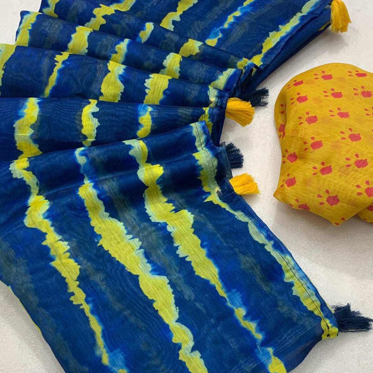 Blue & Yellow Shibori Printed Chanderi Saree