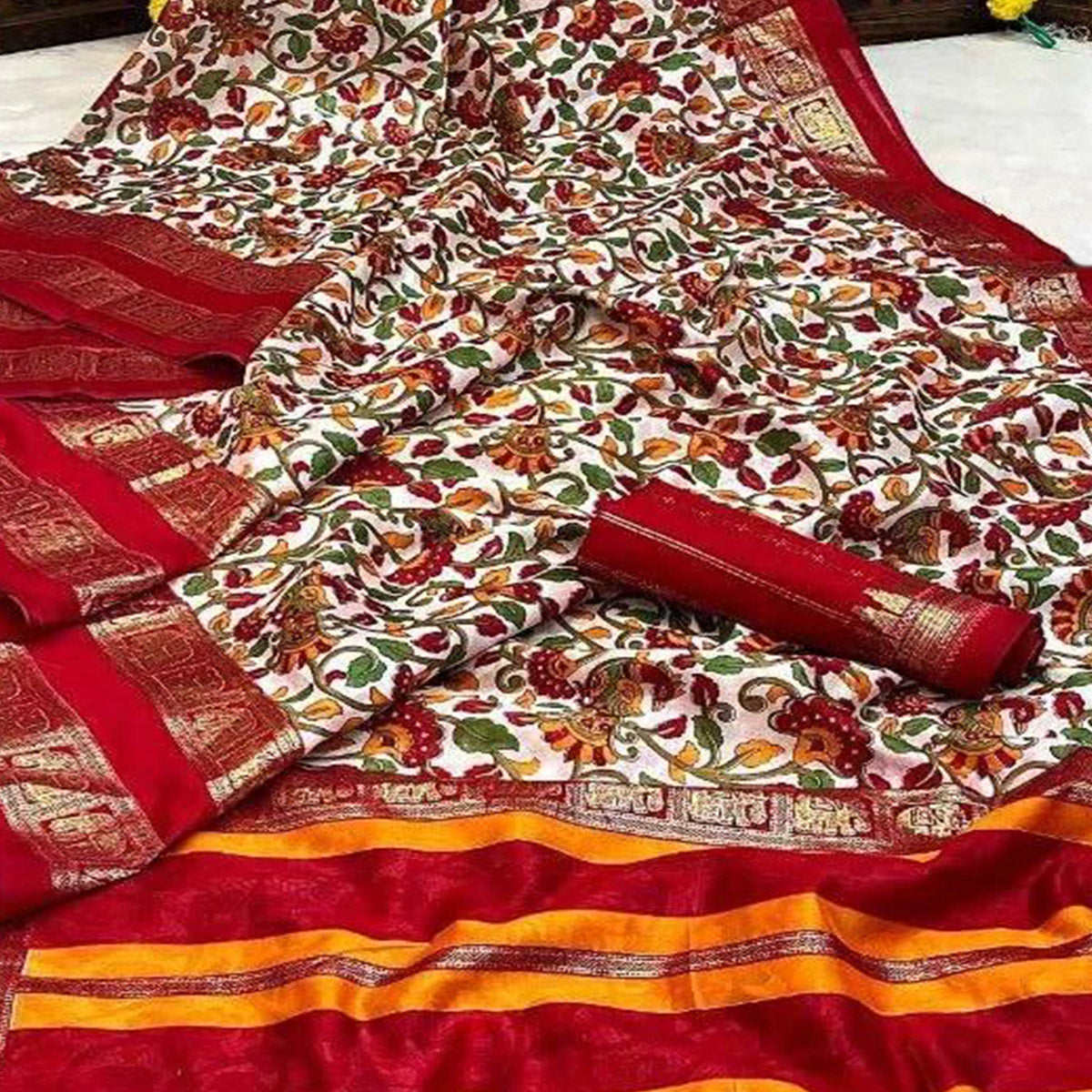 Off White kalamkari With Foil Printed Border Dola Silk Saree