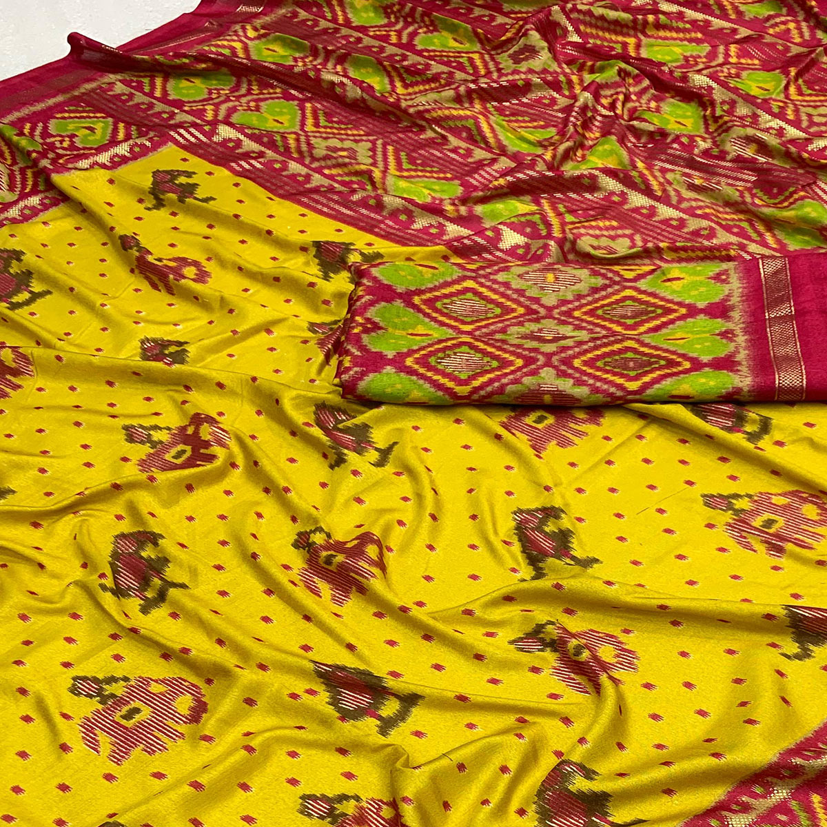 Yellow & Pink Patola Printed Dola Silk Saree