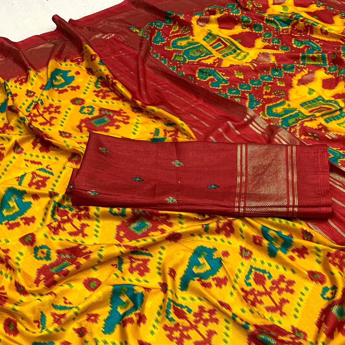 Yellow & Red Patola Printed Dola Silk Saree