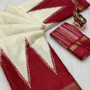 Subtle & Stylish Cream Saree With Ikkat Prints In Luxe Dola Silk For Festive Wear