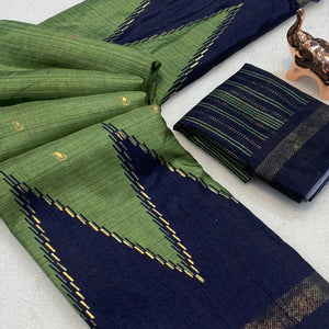 Subtle and Stylish Dusty Green Saree with Ikkat Prints in Luxe Dola Silk for Festive Wear