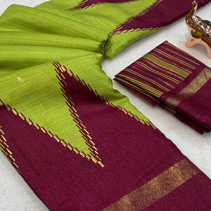 Subtle and Stylish Green Saree with Ikkat Prints in Luxe Dola Silk for Festive Wear