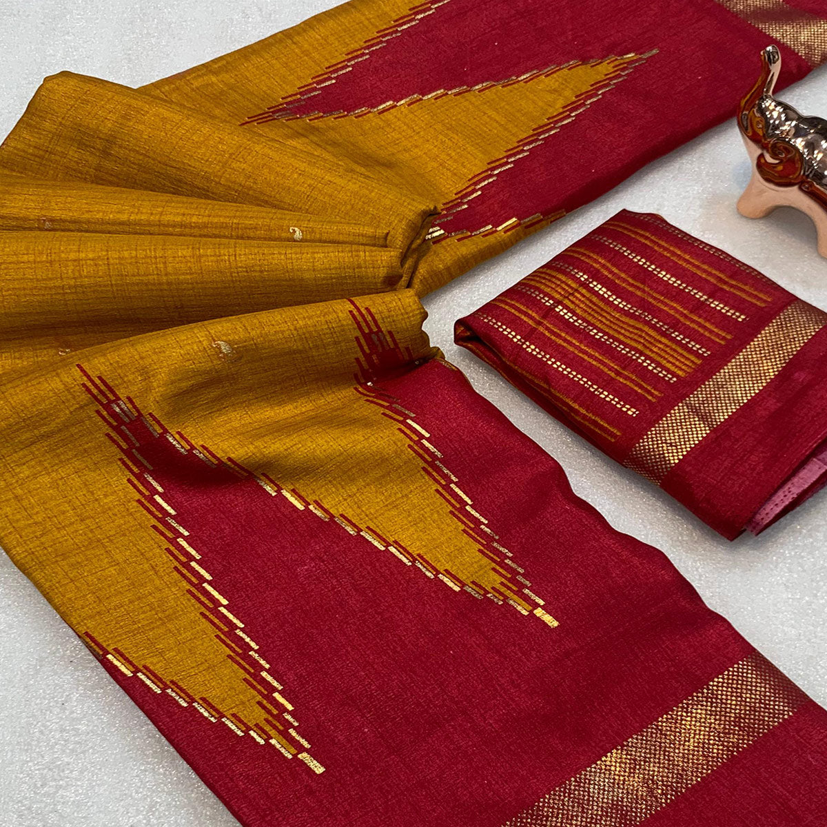 Subtle and Stylish Mustard & Red Saree with Ikkat Prints in Luxe Dola Silk for Festive Wear