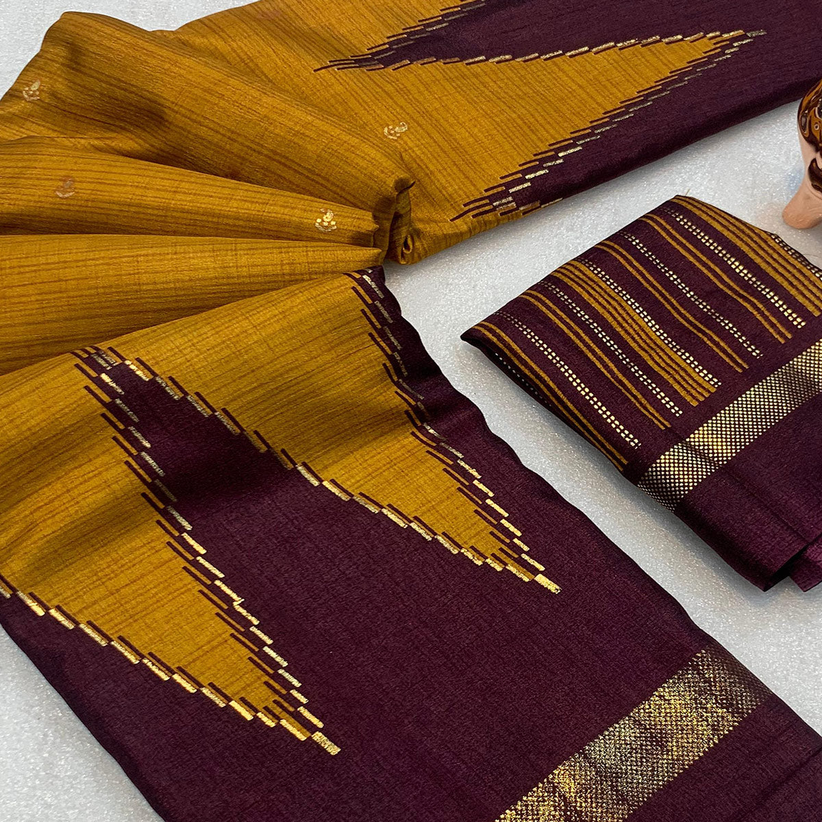 Subtle and Stylish Mustard & Maroon Saree with Ikkat Prints in Luxe Dola Silk for Festive Wear