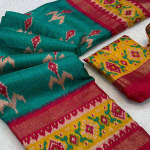 Subtle and Stylish Teal Saree with Ikkat Prints in Luxe Dola Silk for Festive Wear