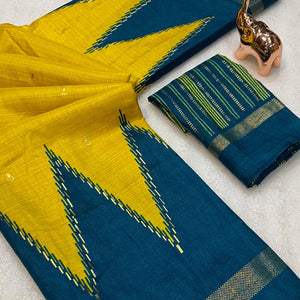 Subtle & Stylish Yellow Saree With Ikkat Prints In Luxe Dola Silk For Festive Wear
