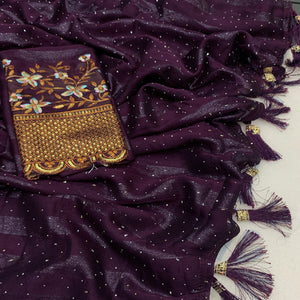 Wine Woven Swaroski Work Georgette Saree With Tassels