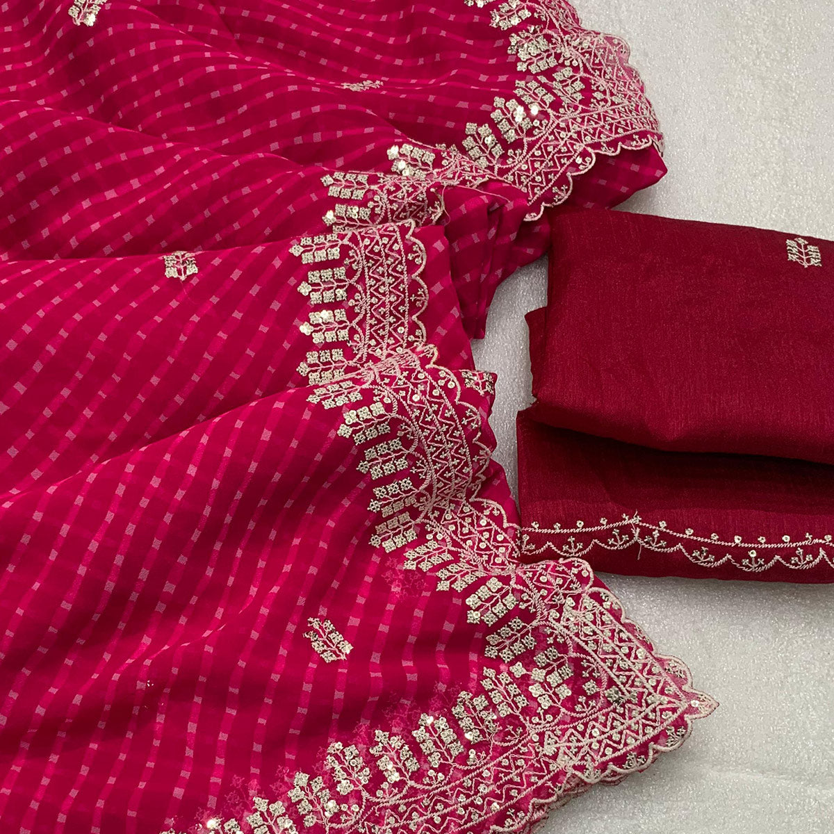 Pink Sequins Work Leheriya Printed Georgette Saree