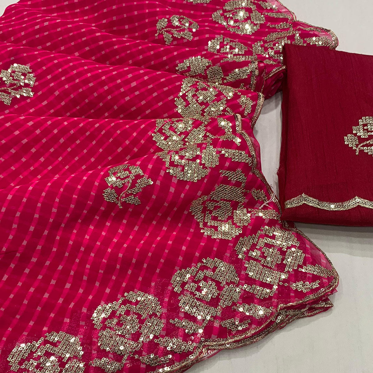 Pink Sequins Work Leheriya Printed Georgette Saree