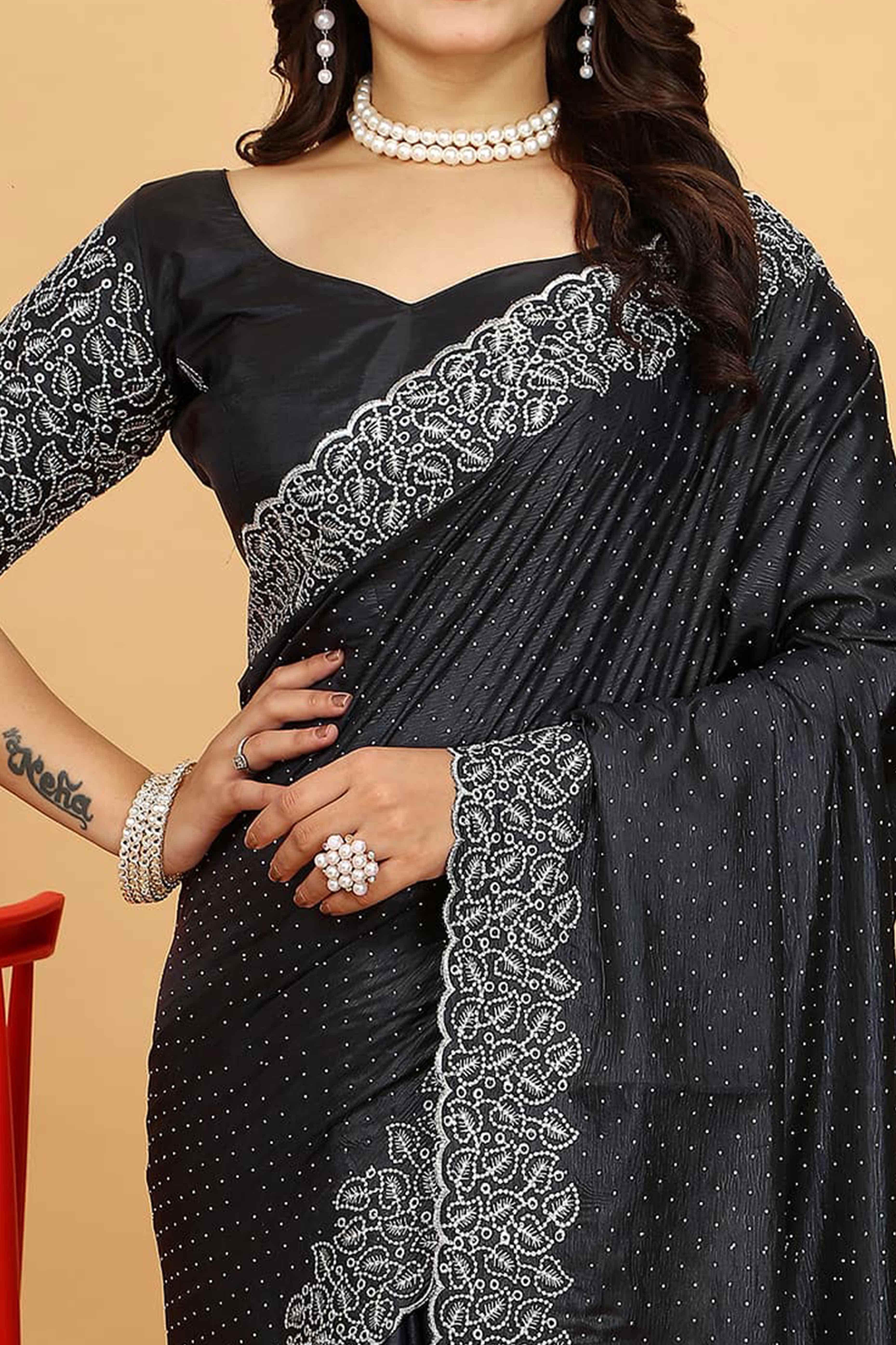 Black Swarovski Work Paper Silk Saree With Embroidery Zari Border