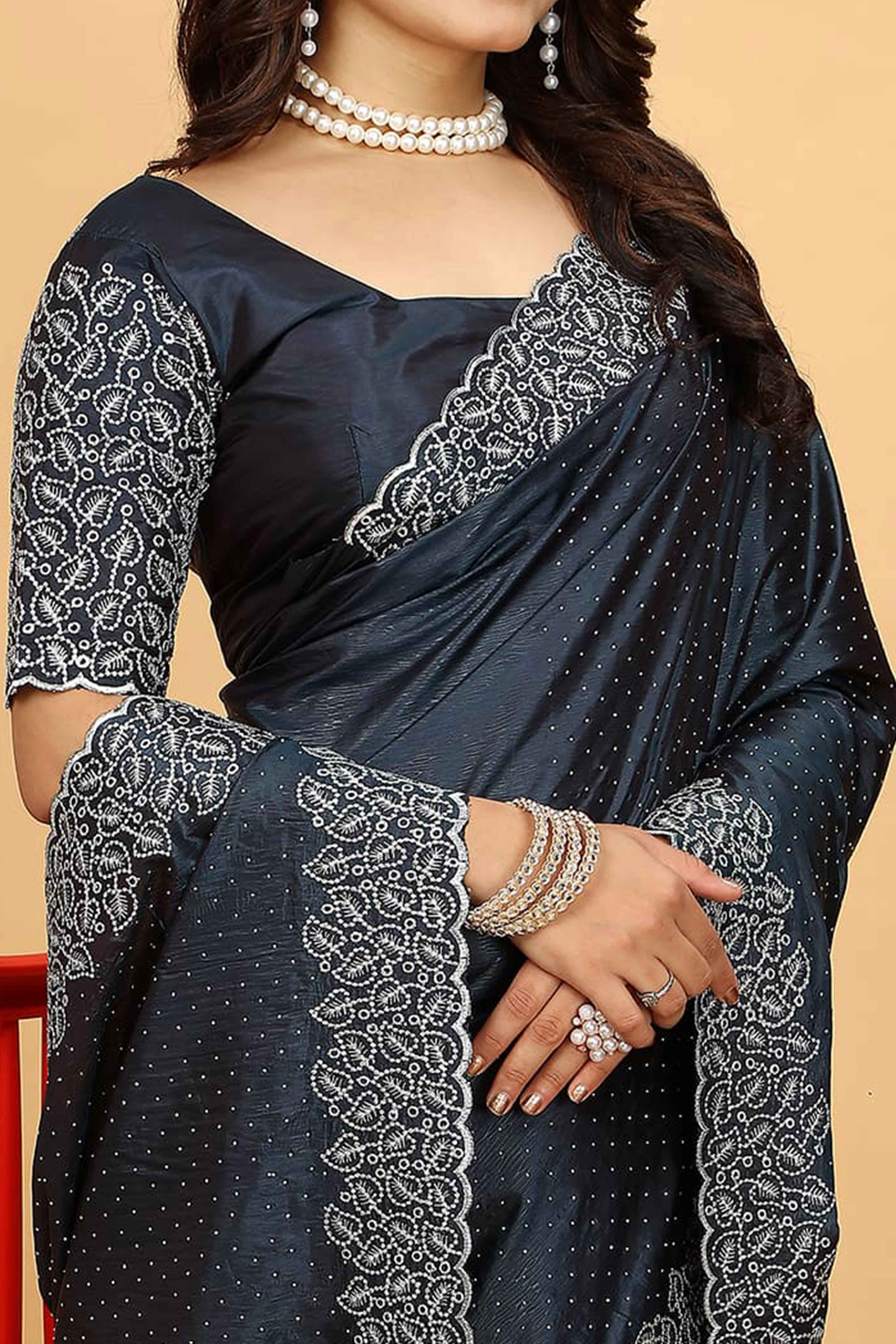 Dark Grey Swarovski Work Paper Silk Saree With Embroidery Zari Border