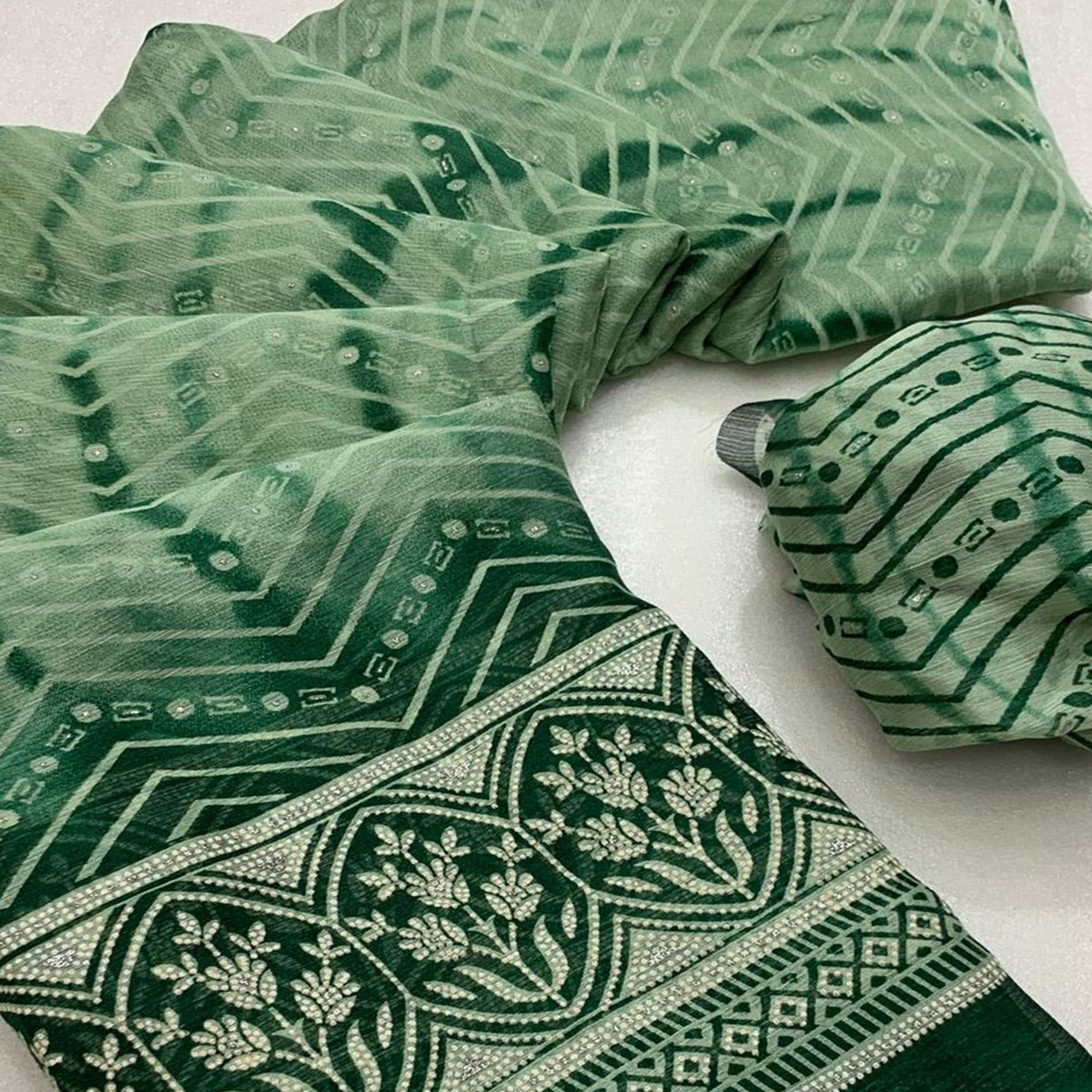Green Shibori Foil Printed Chiffon Saree