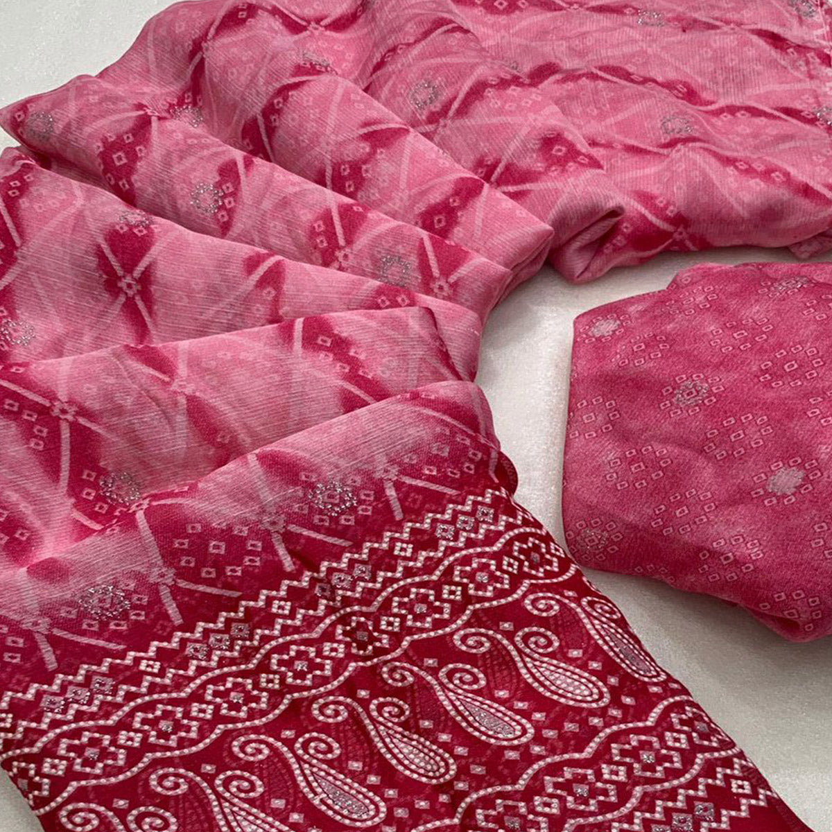 Pink Shibori Foil Printed Chiffon Saree