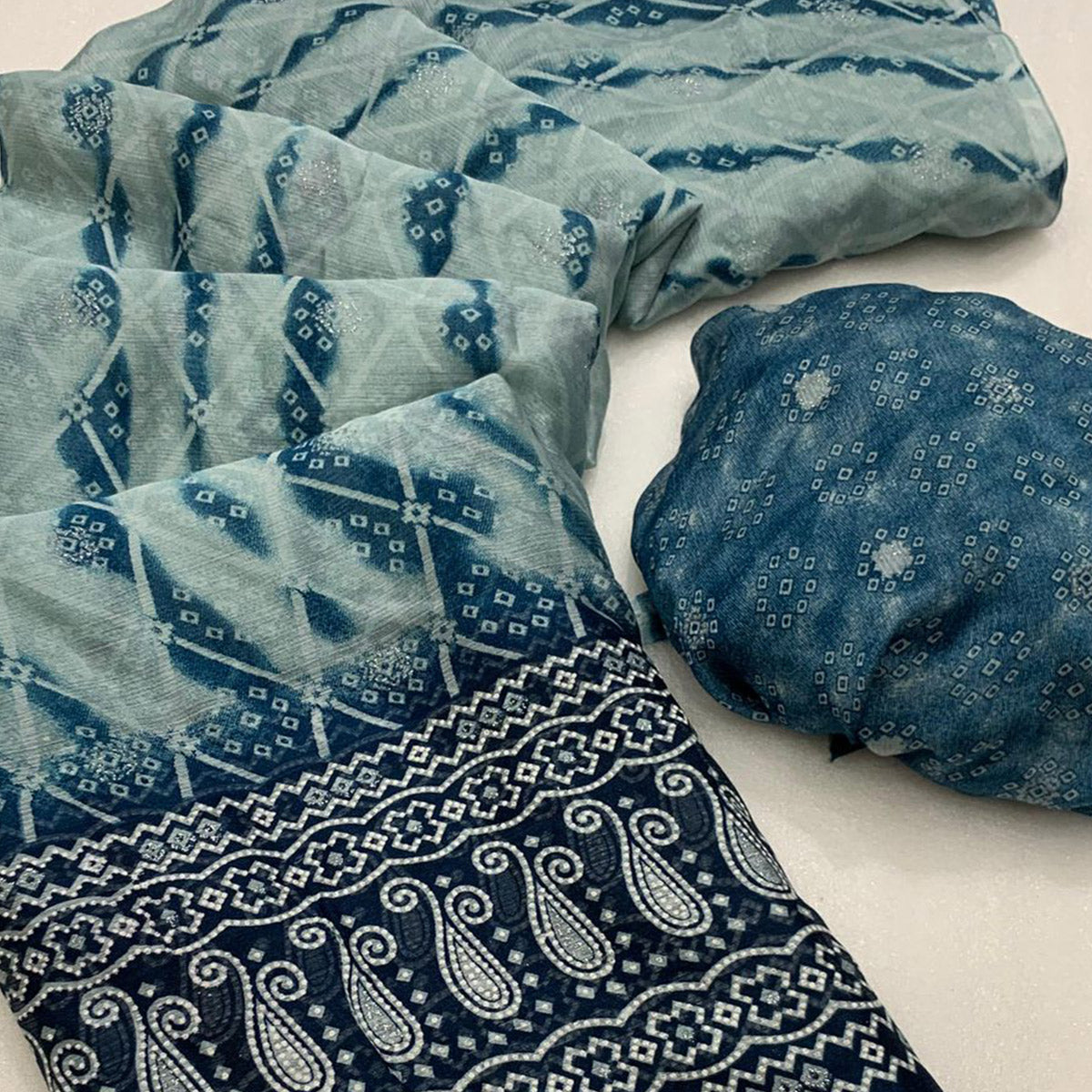 Teal Shibori Foil Printed Chiffon Saree