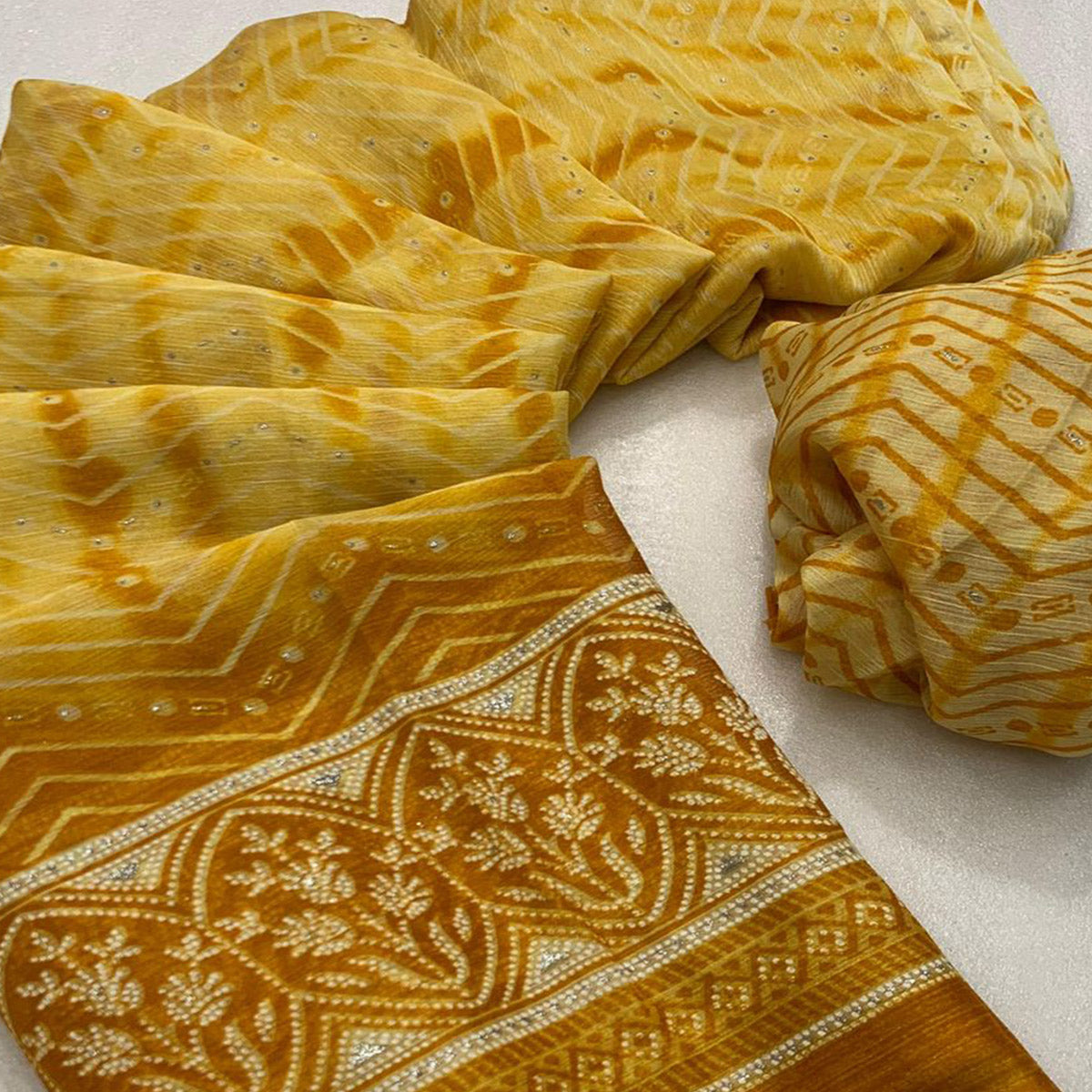 Yellow Shibori Foil Printed Chiffon Saree