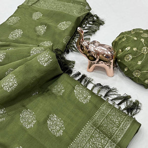 Elegant Green Foil Floral Printed Georgette Saree With Tassel Detailing Pallu