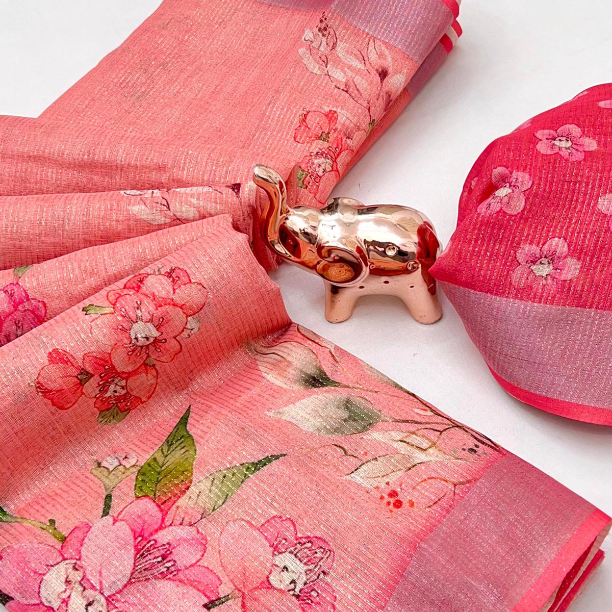 Pretty Blush Pink Shimmer Cotton Saree With Floral Digital Print & Designer Zari Border