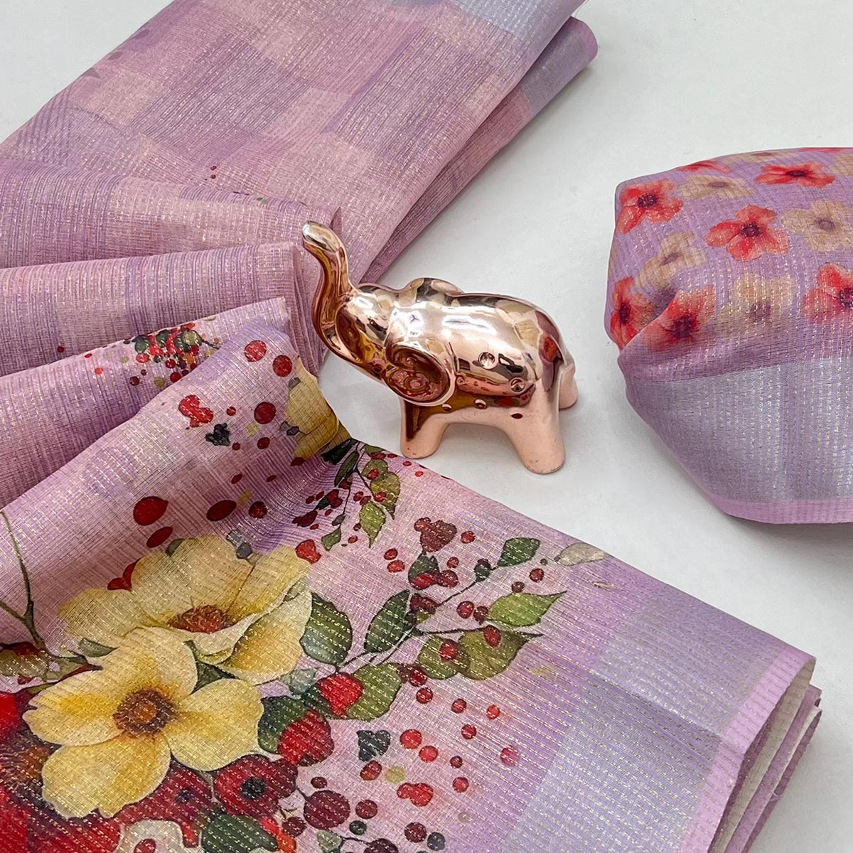 Pretty Lavender Lilac Shimmer Cotton Saree With Floral Digital Print & Designer Zari Border