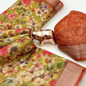 Pretty Olive Shimmer Cotton Saree With Floral Digital Print & Designer Zari Border