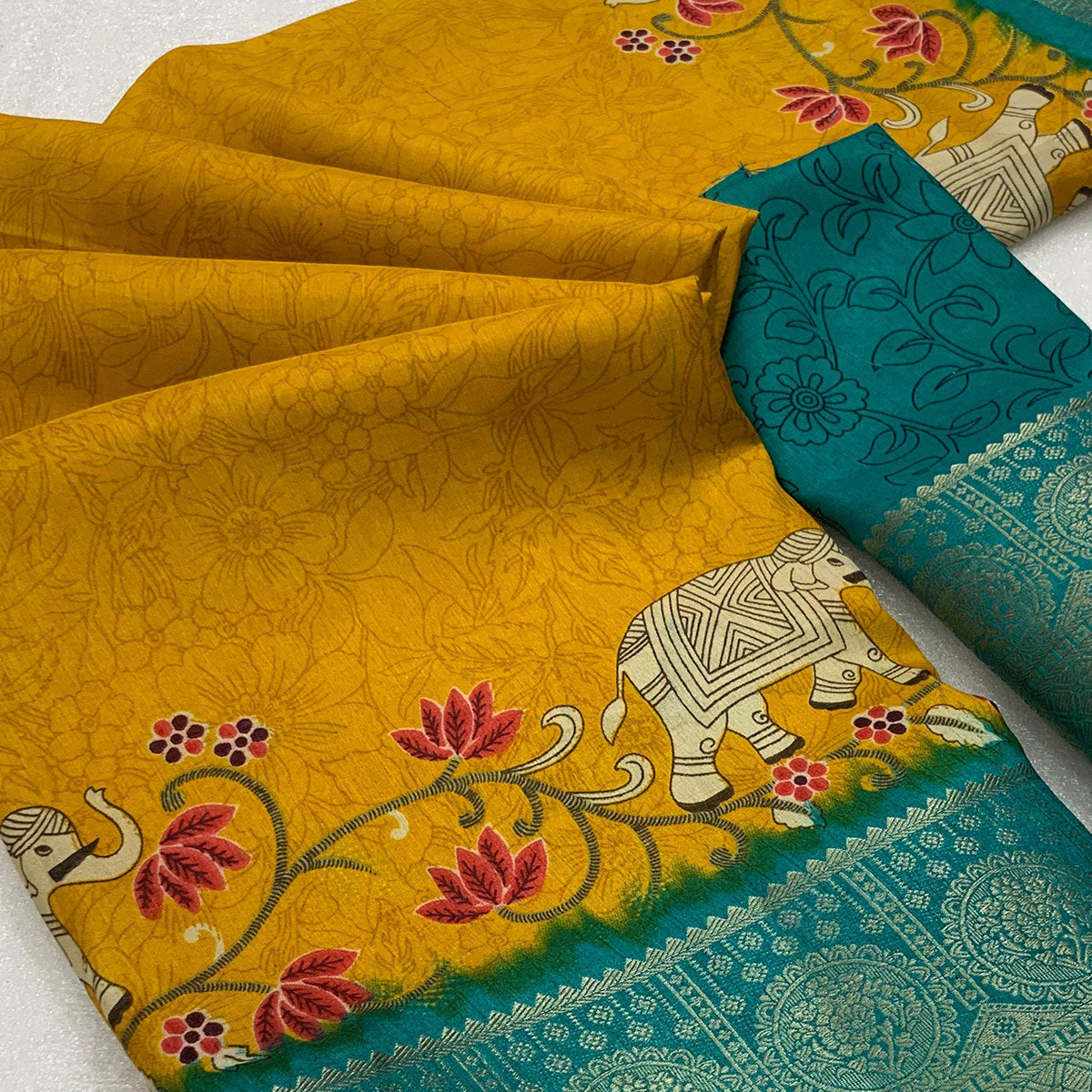 Mustard Printed Dola Silk Saree