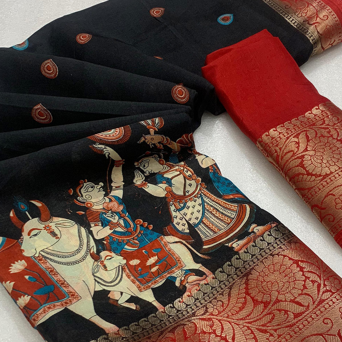 Black Digital Printed Dola Silk Saree With Woven Jacquard Border
