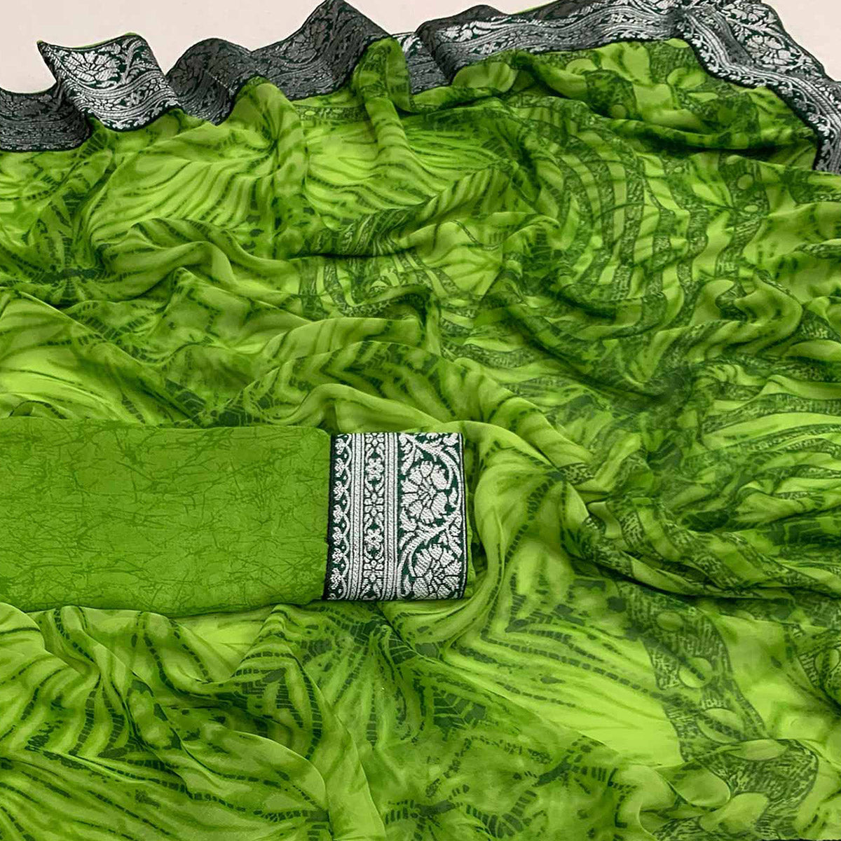 Green Shibori Printed Georgette Saree With Woven Border