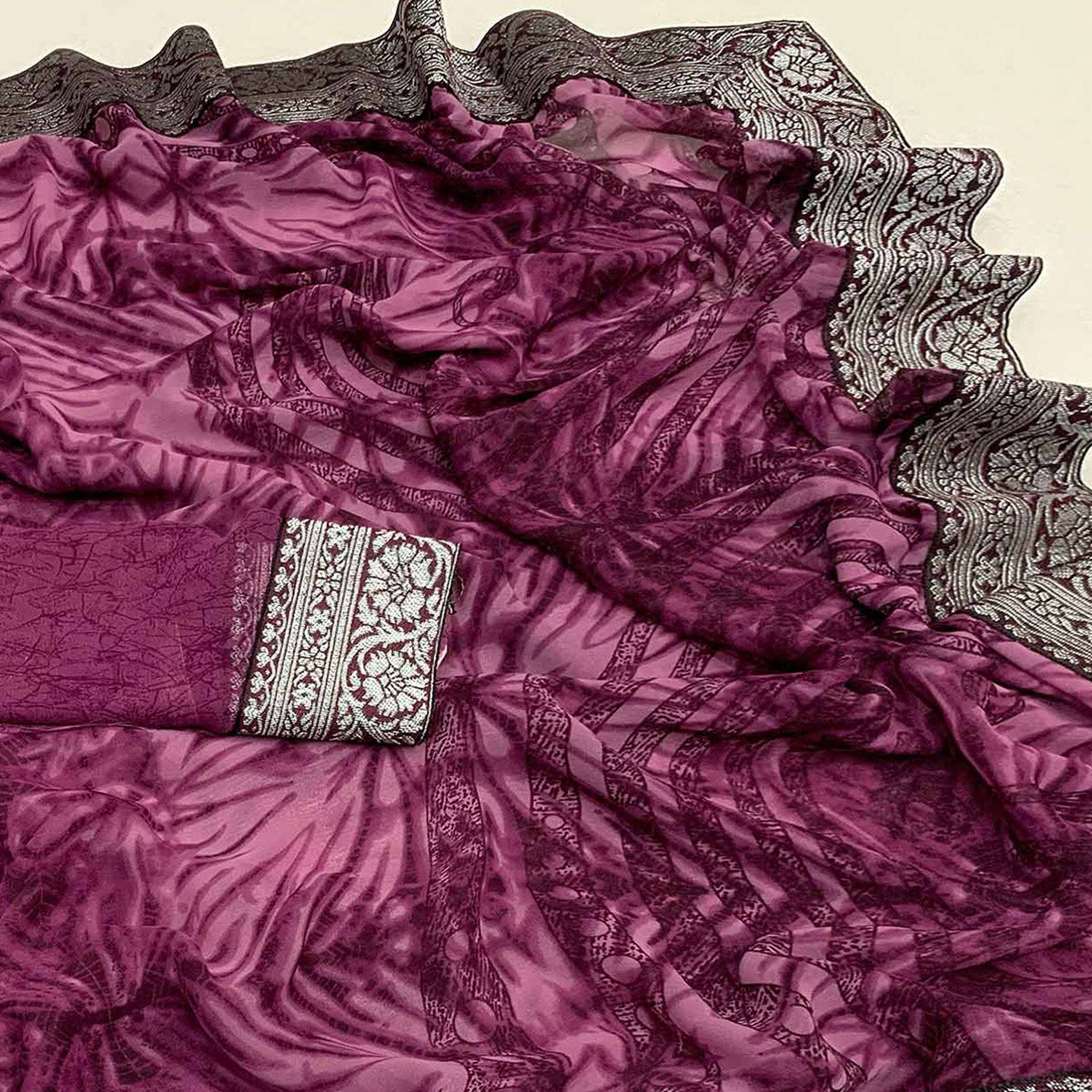 Mauve Shibori Printed Georgette Saree With Woven Border