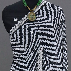 Black Zig Zag Printed Georgette Saree With Sequins Embroidered Border