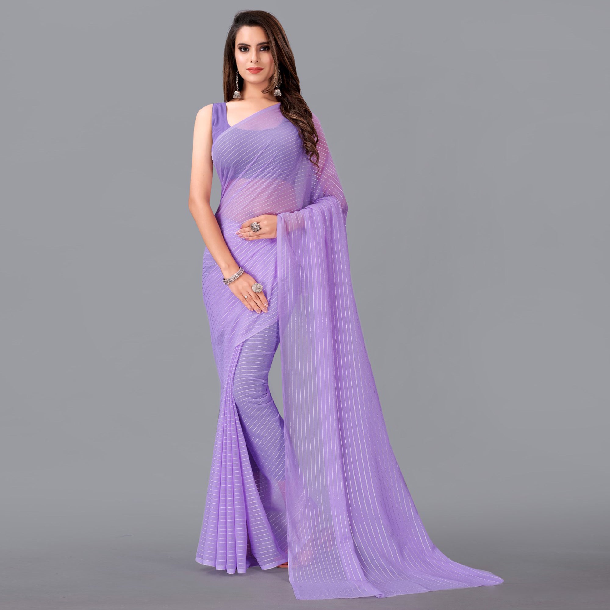 Purple Striped Foil Printed Georgette Saree