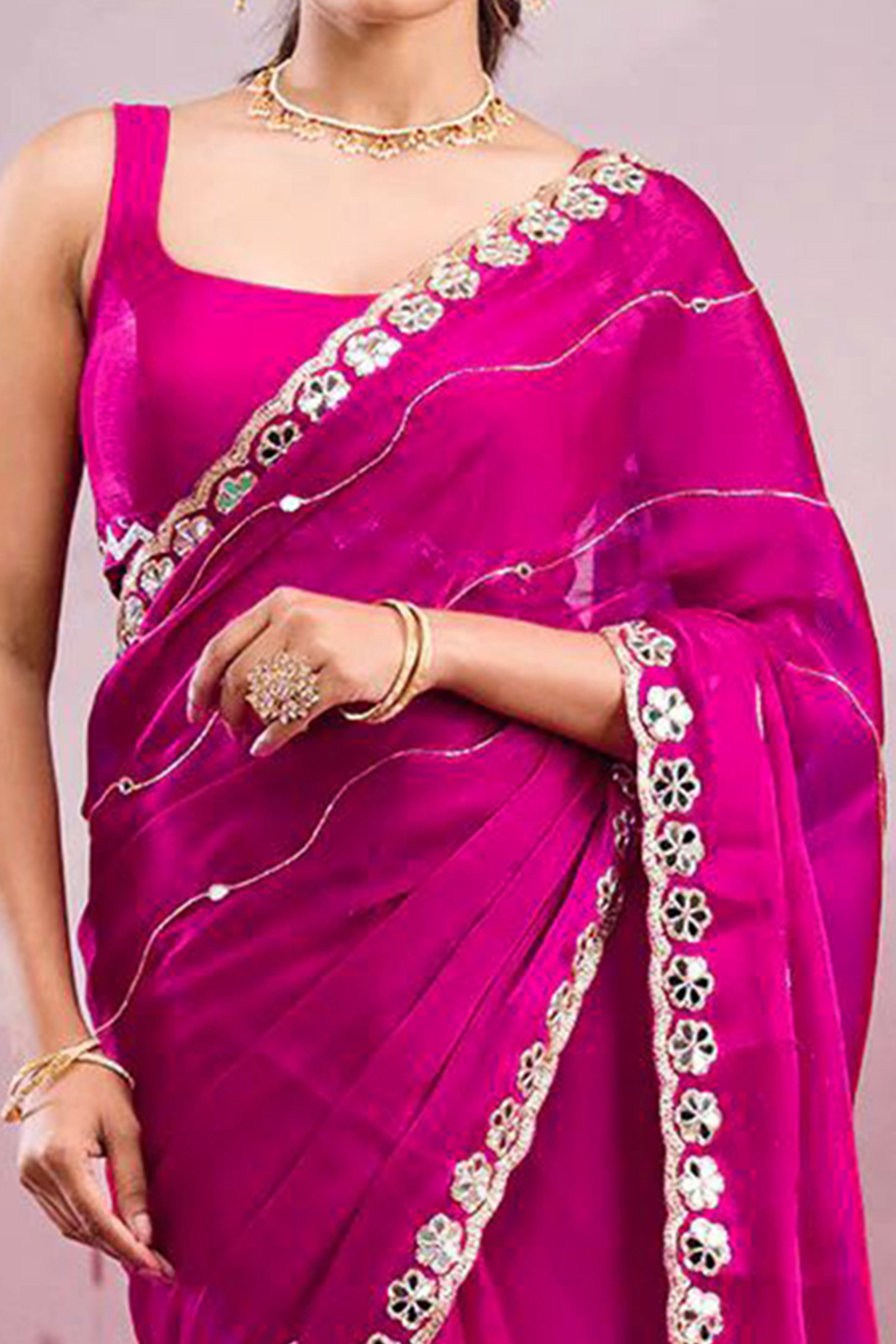Pink Art Silk Saree Highlighted with Embroidery & Mirror Detailing