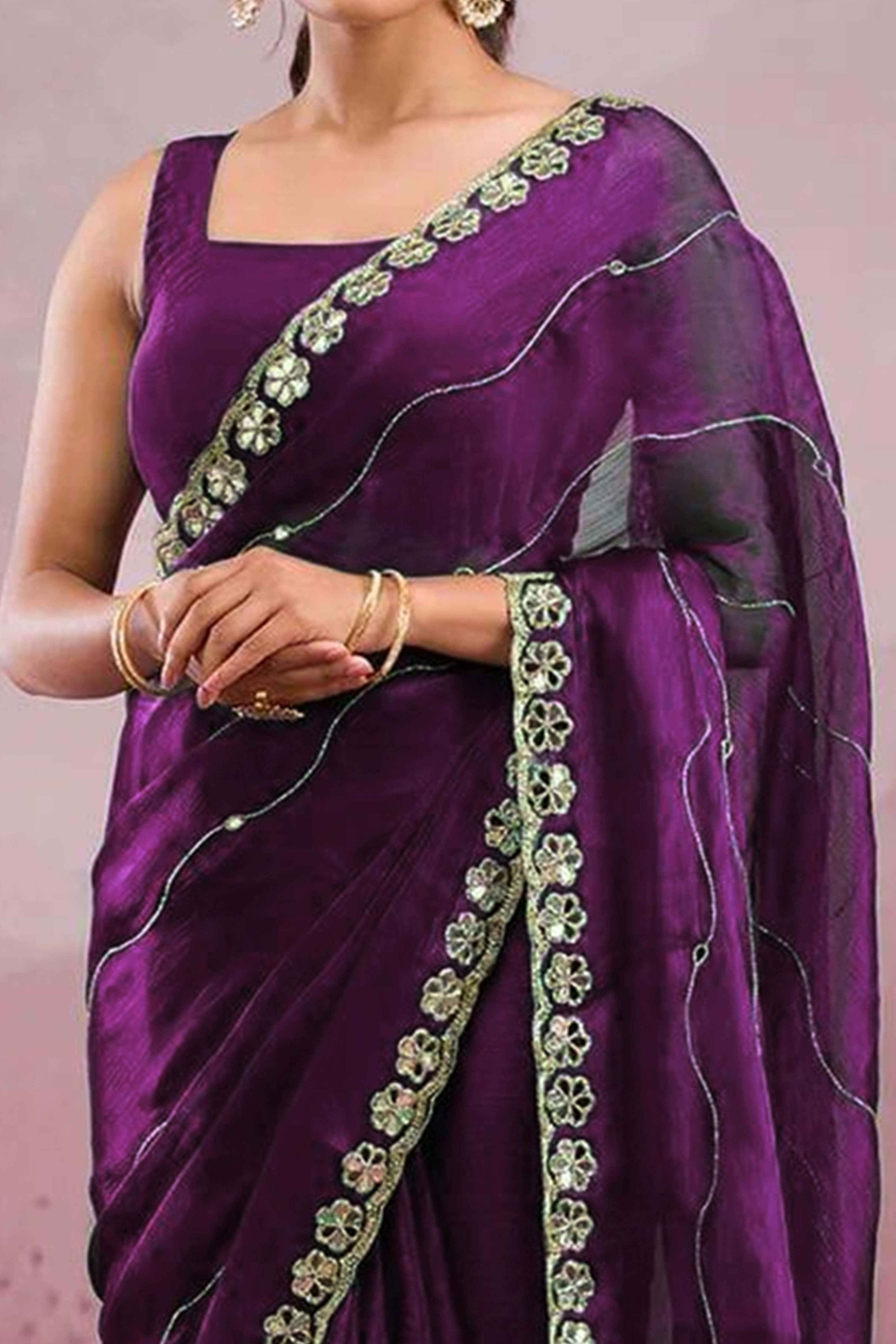Purple Art Silk Saree Highlighted with Embroidery & Mirror Detailing
