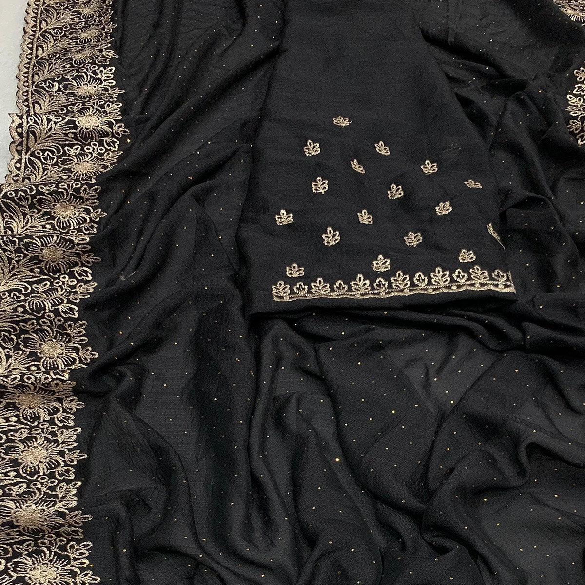 Black Embroidered With Swarovski Work Vichitra Silk Saree