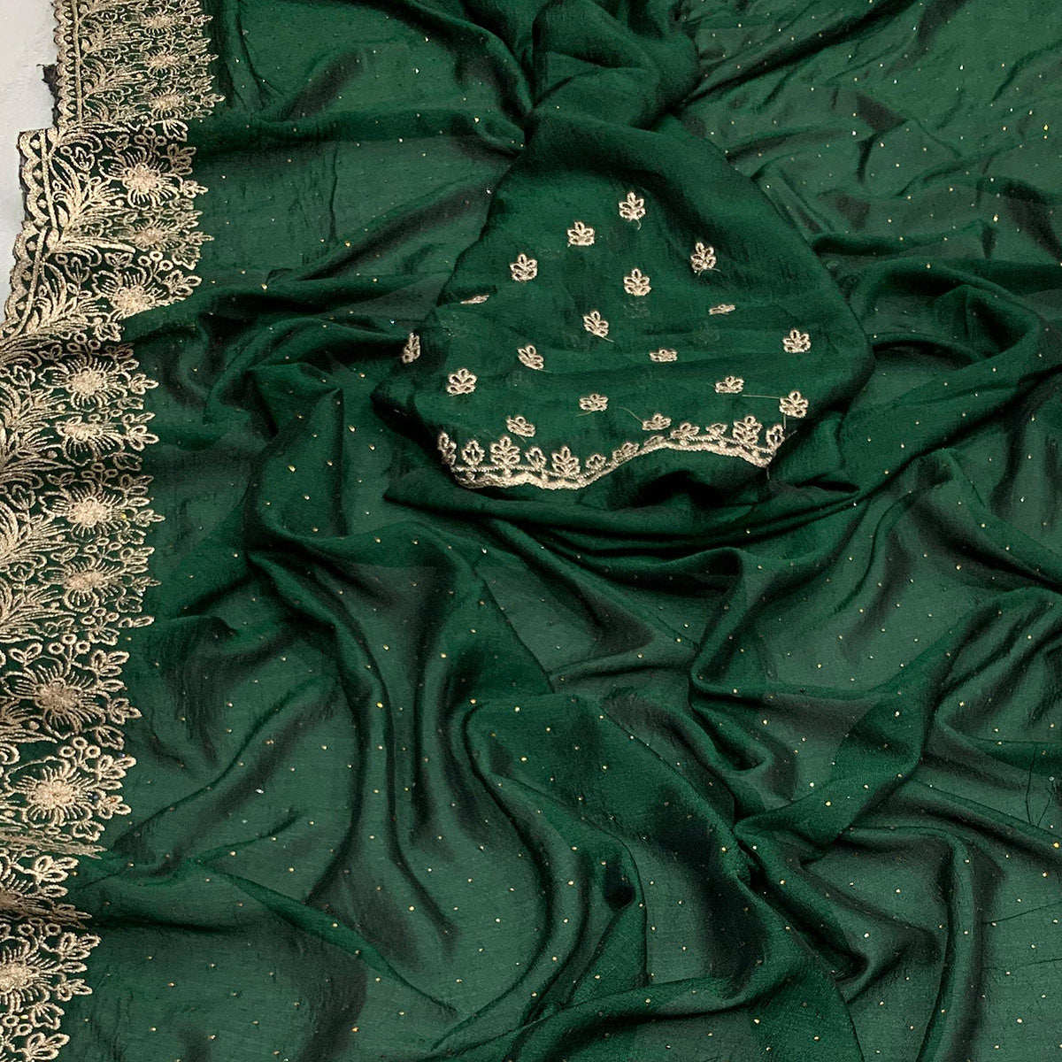 Green Embroidered With Swarovski Work Vichitra Silk Saree